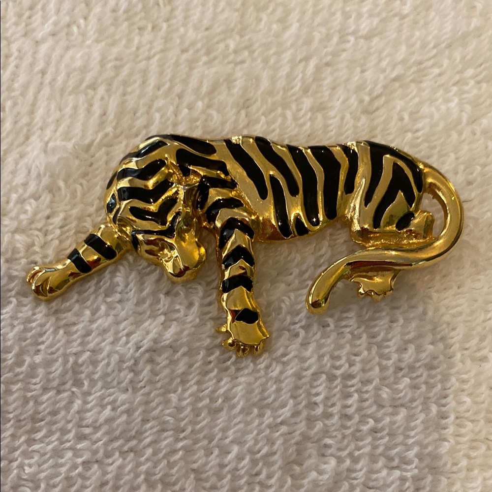 Gold tone and Black enamel Tiger Brooch  pin